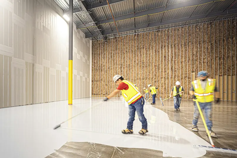 Commercial painting in Fremont: crew in hard hats and safety vests coating a warehouse floor